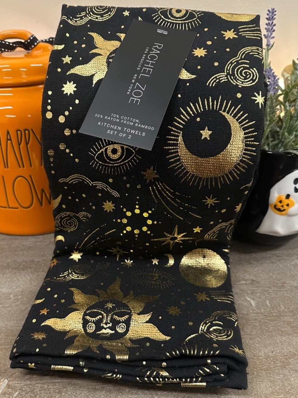 Rachel Zoe Mystic Sun Moon Stars Celestial Gold Tea Towels Hand Kitchen Towels